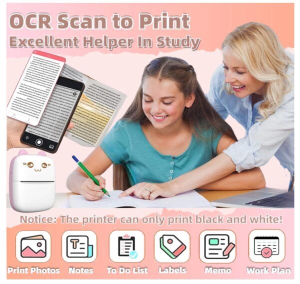 Mini Bluetooth Thermal Printer, Portable Label Printer - Inkfree Printer for Android & iOS System, Black on White Thermal Printer - Image 2
