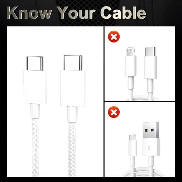 USB-C to USB-C Braided Fast Charging Cable (3.3ft/1m), Compatible with iPhone 15 Series and Other USB-C Devices. Durable, 60W Power Delivery, USB-IF Certified – White - Image 6