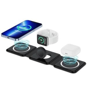 3 in 1 Magnetic Foldable MagSafe Compatible Wireless Charger for iPhone 16-12 Series | AirPods 2, 3, Pro, Pro2 | Compatible with only Apple Watch Series | 23W Charging | Wireless Charger - Matte Black