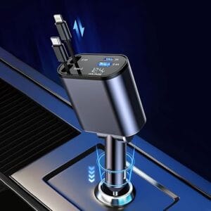 Retractable Car Charger 120W, 4 In 1 Fast Car Phone Charger, Retractable Cables, 2 USB Ports, Compatible With iPhone 15/14/13/12/11, Type C + Lightening, Black