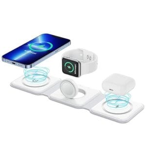 3 in 1 Magnetic Foldable MagSafe Compatible Wireless Charger for iPhone 16-12 Series | AirPods 2, 3, Pro, Pro2 | Compatible with only Apple Watch Series | 23W Charging | Wireless Charger - White