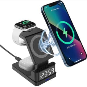 Wireless Charger 4 in 1 Station with Digital Clock and Alarm - 15W 3 in 1 Fast Charging Dock for iOS Devices, Compatible for iPhone iPhone 12/13/14/15 Series, iWatch 6/7/8 and Air-Pods