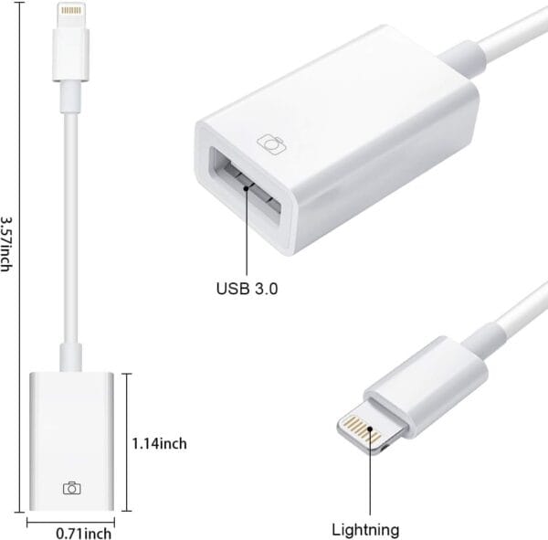 Lightning iOS Connector to USB Camera Adapter, Lightning Female USB OTG Cable Adapter for Select iPhone, iPad Models Support Connect Camera, Card Reader, USB Flash Drive, MIDI Keyboard, White - Image 2