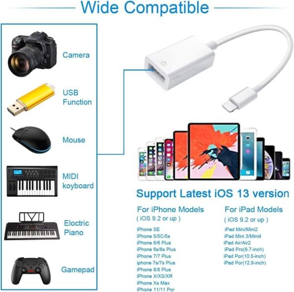 Lightning iOS Connector to USB Camera Adapter, Lightning Female USB OTG Cable Adapter for Select iPhone, iPad Models Support Connect Camera, Card Reader, USB Flash Drive, MIDI Keyboard, White - Image 8