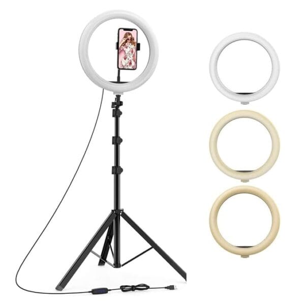 10-Inch LED Ring Light with 7-Foot Tripod | Dimmable 3-Mode Lighting for YouTube, Video Shoots, Live Streaming, Makeup & More | Compatible with Phones & Cameras (10 Inches) - Image 12