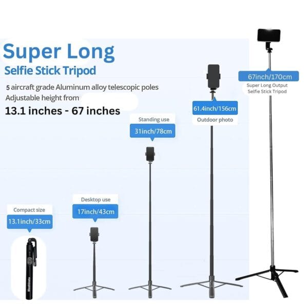 Y17 Selfie - 170CM/67inch Extra-Long Bluetooth Selfie Stick Tripod | Detachable Wireless Remote for Photography, Video Shooting, Travel & Vlogging (Black, Without Light) - Image 5