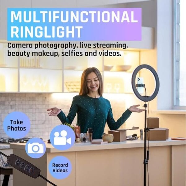 10-Inch LED Ring Light with 7-Foot Tripod | Dimmable 3-Mode Lighting for YouTube, Video Shoots, Live Streaming, Makeup & More | Compatible with Phones & Cameras (10 Inches) - Image 11