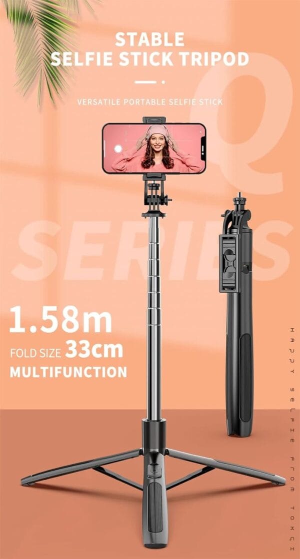 (Q05) Wireless Bluetooth Selfie Stick Tripod | Foldable Monopod with Fill Light for Action Cameras & Smartphones (Black, 61 inch/156 cm) | Compatible with iOS & Android - Image 14