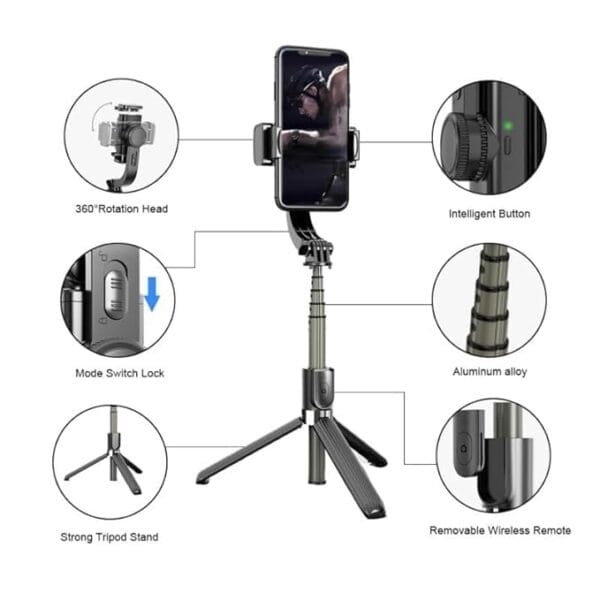Q08 Mini Gimbal Anti-Shake Selfie Stick Tripod | Wireless Remote | Extendable Phone Holder & Stabilizer | Portable Tripod Stand for Smartphones – Black - Image 5