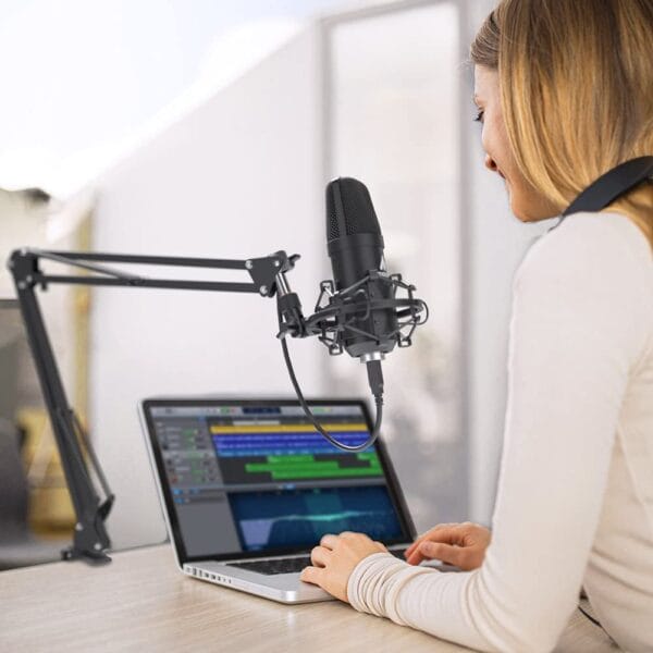Broadcast Condenser Microphone Kit – XLR to 3.5mm | Boom Arm, 2M Cable, Foam Filter | Pro Studio Mic for Podcast, Recording, Streaming, Mixer & Interface – Black - Image 5