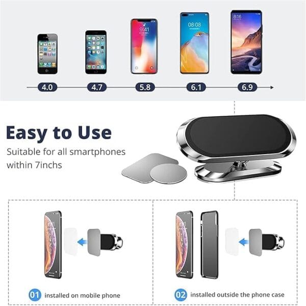 Magnetic Phone Holder for Car Dashboard, 360-Degree Rotation, Pack of 1 with 2 Metal Plates, Black - Image 2