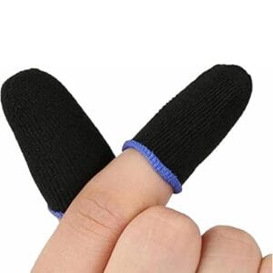 Gaming Finger Sleeves, Black with Blue Trim, Mobile Touch Screen Thumb Protectors, 2 Pack Featuring Moisture-Wicking Fabric with Blue Trim Design