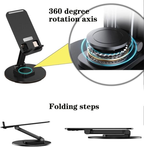 Mobile Stand for Desk 360° Rotation Height and Angle Adjustable Phone Holder for Table Foldable Desktop Mobile Holder for Home, Study & Video Shoot Fit for 4-10'' Smatphones (Black) - Image 6
