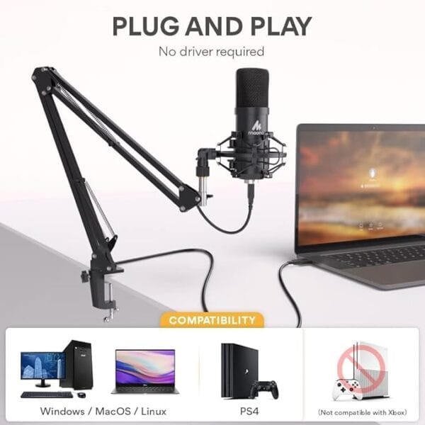 Broadcast Condenser Microphone Kit – XLR to 3.5mm | Boom Arm, 2M Cable, Foam Filter | Pro Studio Mic for Podcast, Recording, Streaming, Mixer & Interface – Black - Image 6