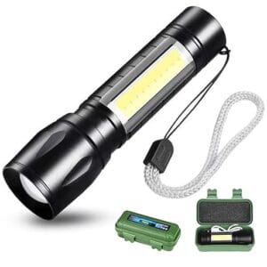 USB Rechargeable LED Flashlight – 3 Modes, Adjustable Focus, COB Side Light, Waterproof Tactical Torch for Emergency & Outdoor Use
