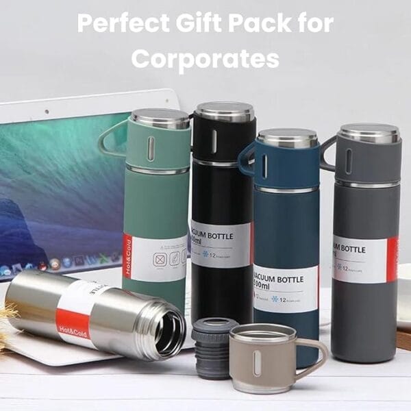 Stainless Steel Vacuum Flask Set With 3 Steel Cups - Ideal for Diwali, Birthday, and Return Gift (Multicolour) - Image 3