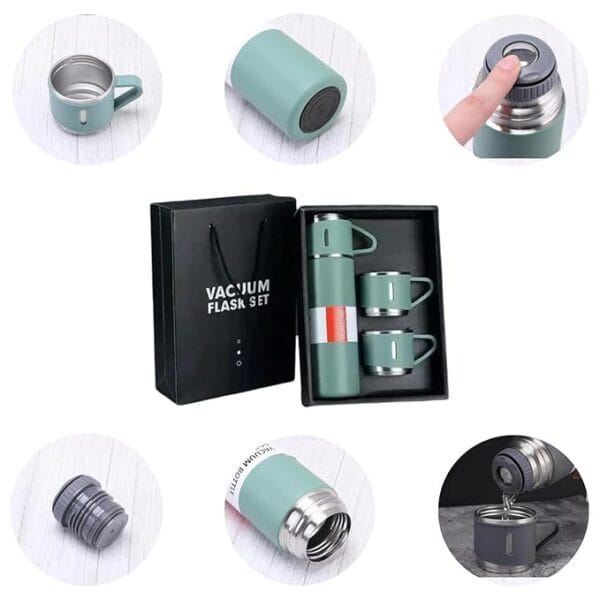 Stainless Steel Vacuum Flask Set With 3 Steel Cups - Ideal for Diwali, Birthday, and Return Gift (Multicolour) - Image 4