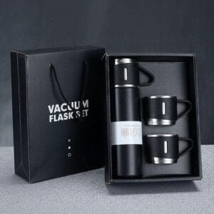 Stainless Steel Vacuum Flask Set With 3 Steel Cups - Ideal for Diwali, Birthday, and Return Gift (Multicolour)