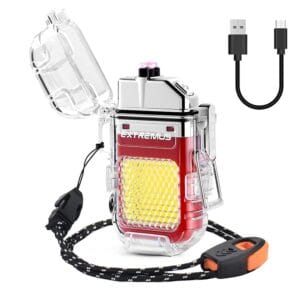 Dual Arc Flash Lighter, Electric Lighter with 30 COB LED Lights, Rechargeable Flameless IP56 System Lighter, Waterproof Lighter with Survival Whistle and Lanyard