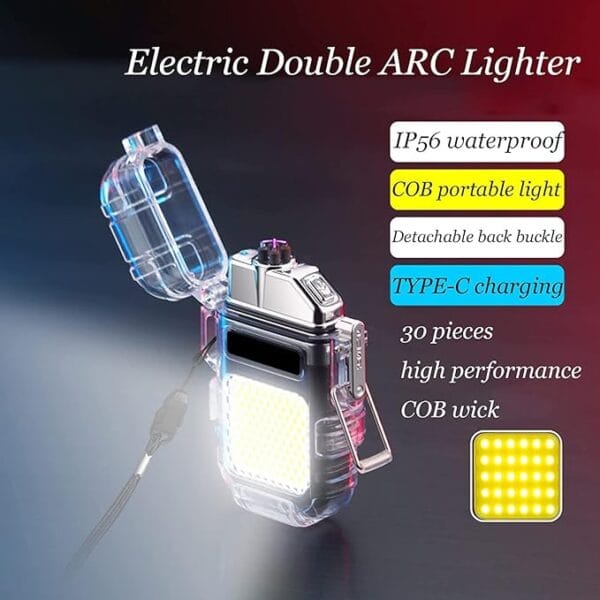 Dual Arc Flash Lighter, Electric Lighter with 30 COB LED Lights, Rechargeable Flameless IP56 System Lighter, Waterproof Lighter with Survival Whistle and Lanyard - Image 6