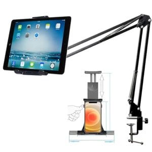 Lightweight Tabletop Stand Phone Holder, Metal Long Lazy Arm and Bracket for All Mobile for Video Recording, Streaming Video, Office, Compatible Upto 4-7 Inches [Black]