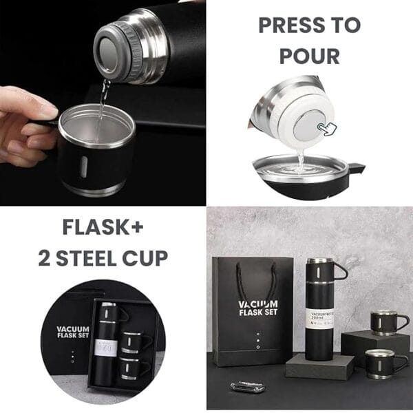 Stainless Steel Vacuum Flask Set With 3 Steel Cups - Ideal for Diwali, Birthday, and Return Gift (Multicolour) - Image 2