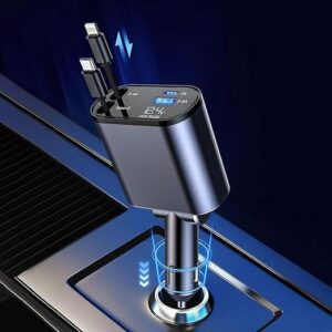 120W Retractable 4-in-1 Fast Car Charger – Type-C & Lightning