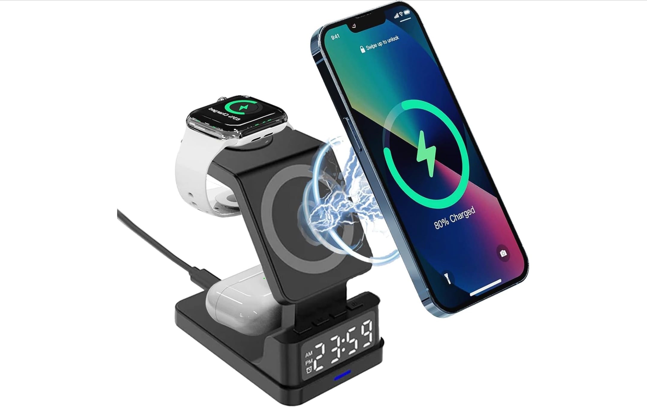 4-in-1 Wireless Charging Station with Clock & Alarm